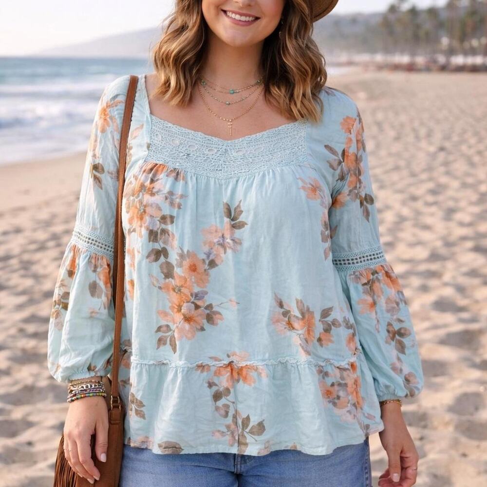ODI Boho Chic Floral Blouse Boutique Brand Festival Beachy Cottagecore‎